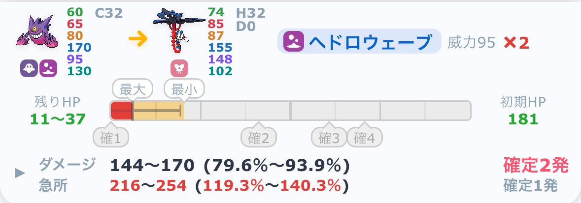 臆病C32メガゲンガーのヘドロウェーブのダメージ