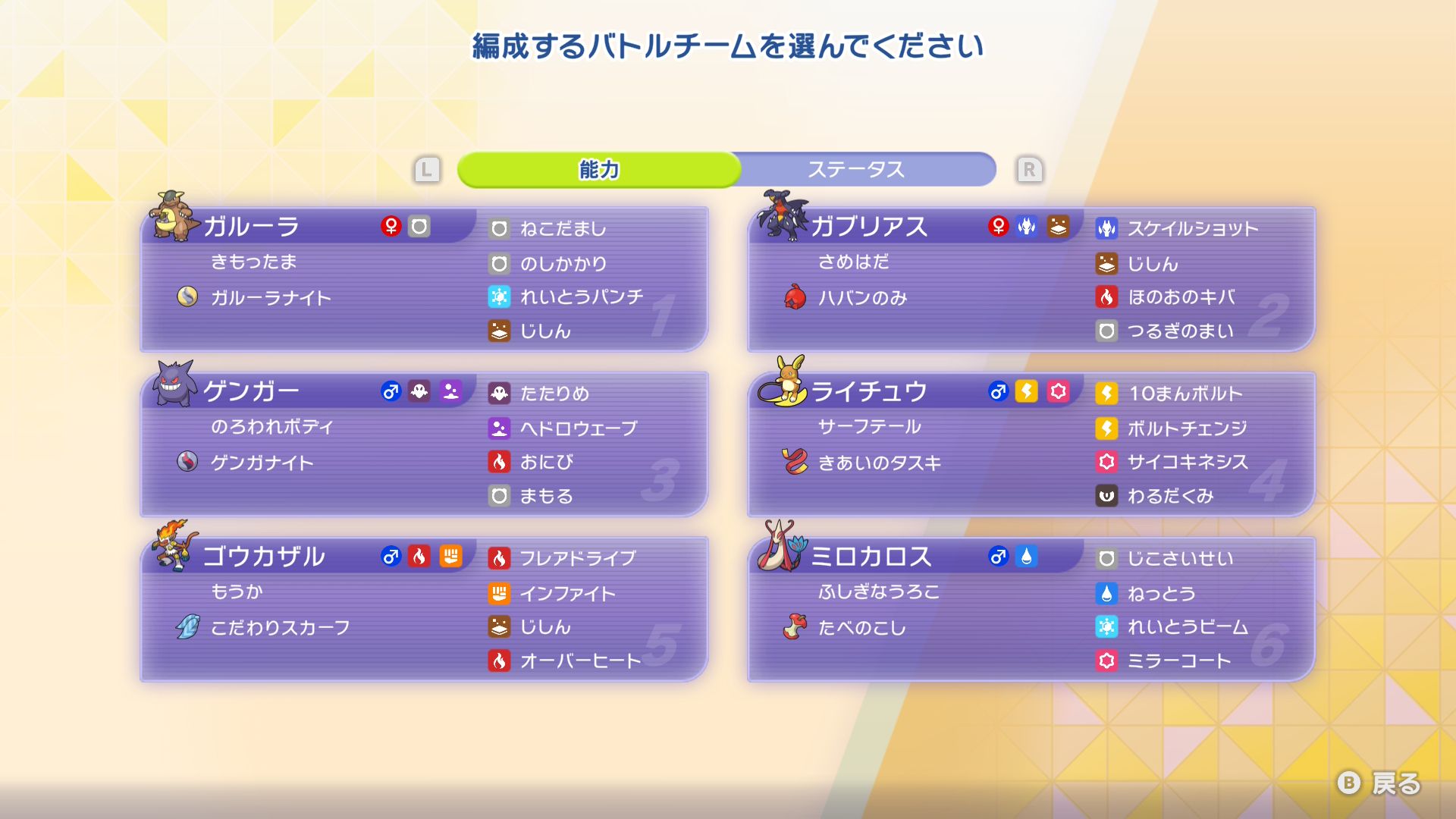 技編成、持ち物