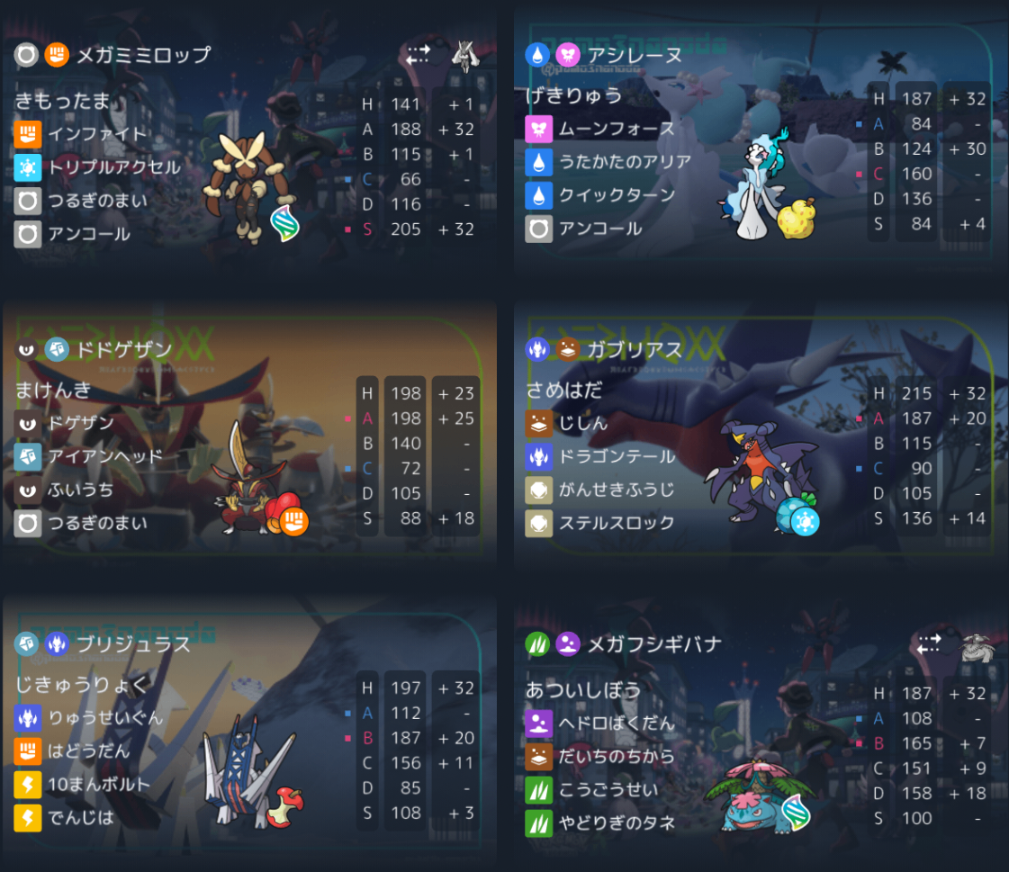 最後の1枠はCSゲンガーのHP管理がシビアなため最終的にはフシギバナで達成した。ブリガロンが予想以上に少なかったため、3割毒を優先してフシギバナはヘド爆採用。