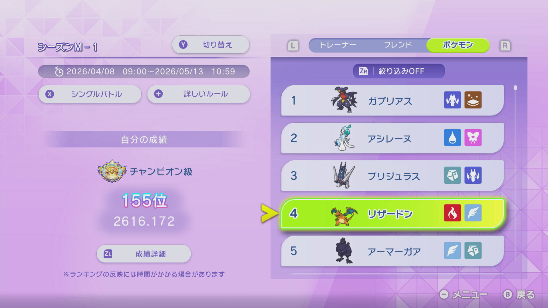 シーズン1の最終集計。リザードンが異様に高い。